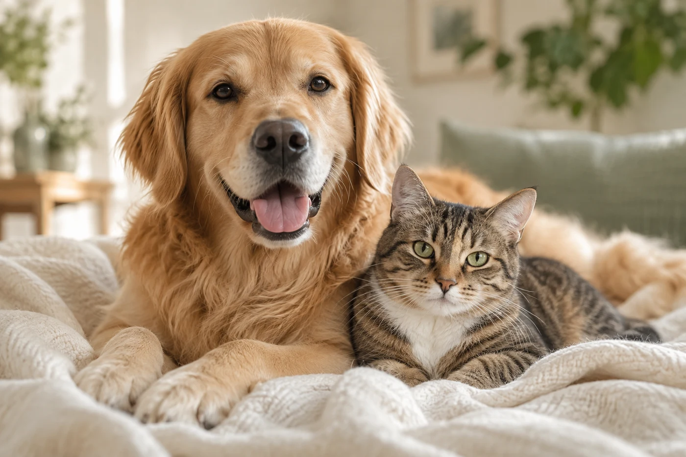 Golden retriever i kot odpoczywający razem na miękkim kocu